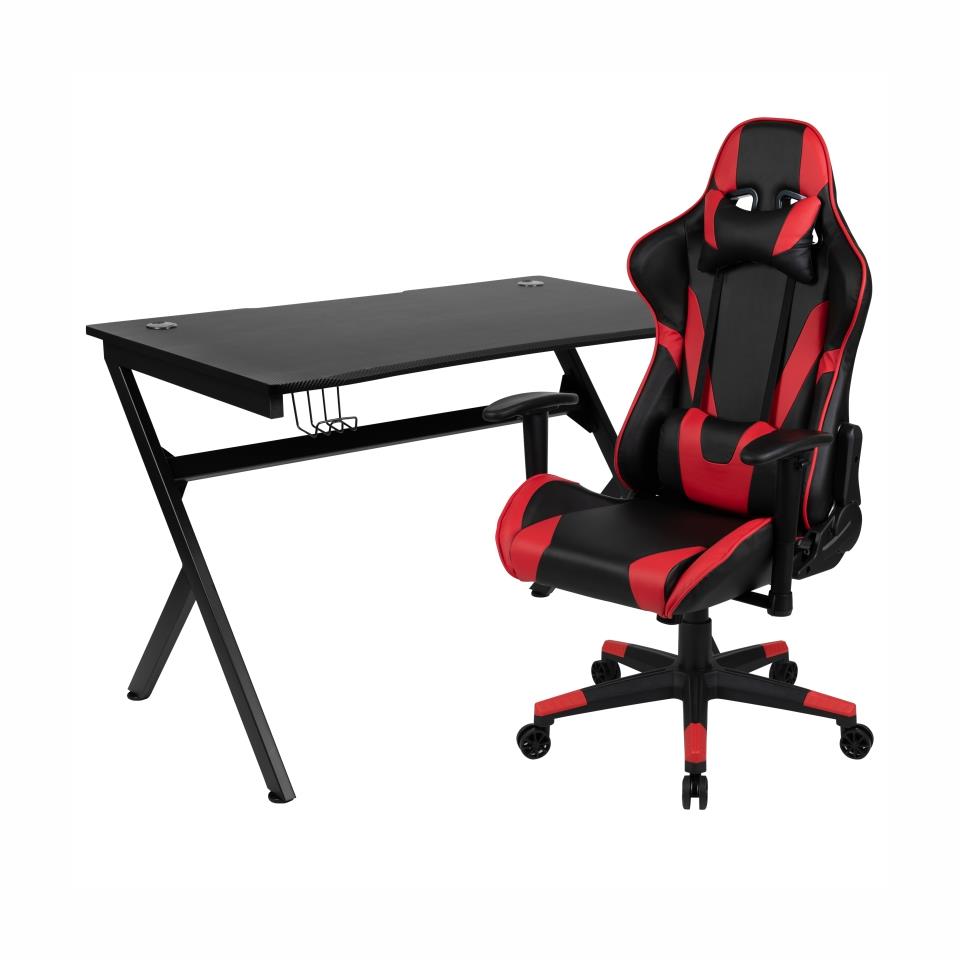OSC Designs Black Gaming Desk and Red/Black X30 Series Gaming Chair Set
