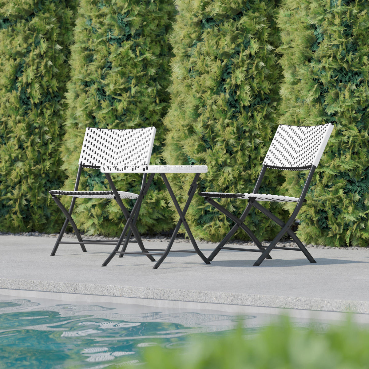 Flash Furniture 3PC Navy and White Indoor/Outdoor PE Rattan Folding French Bistro Set
