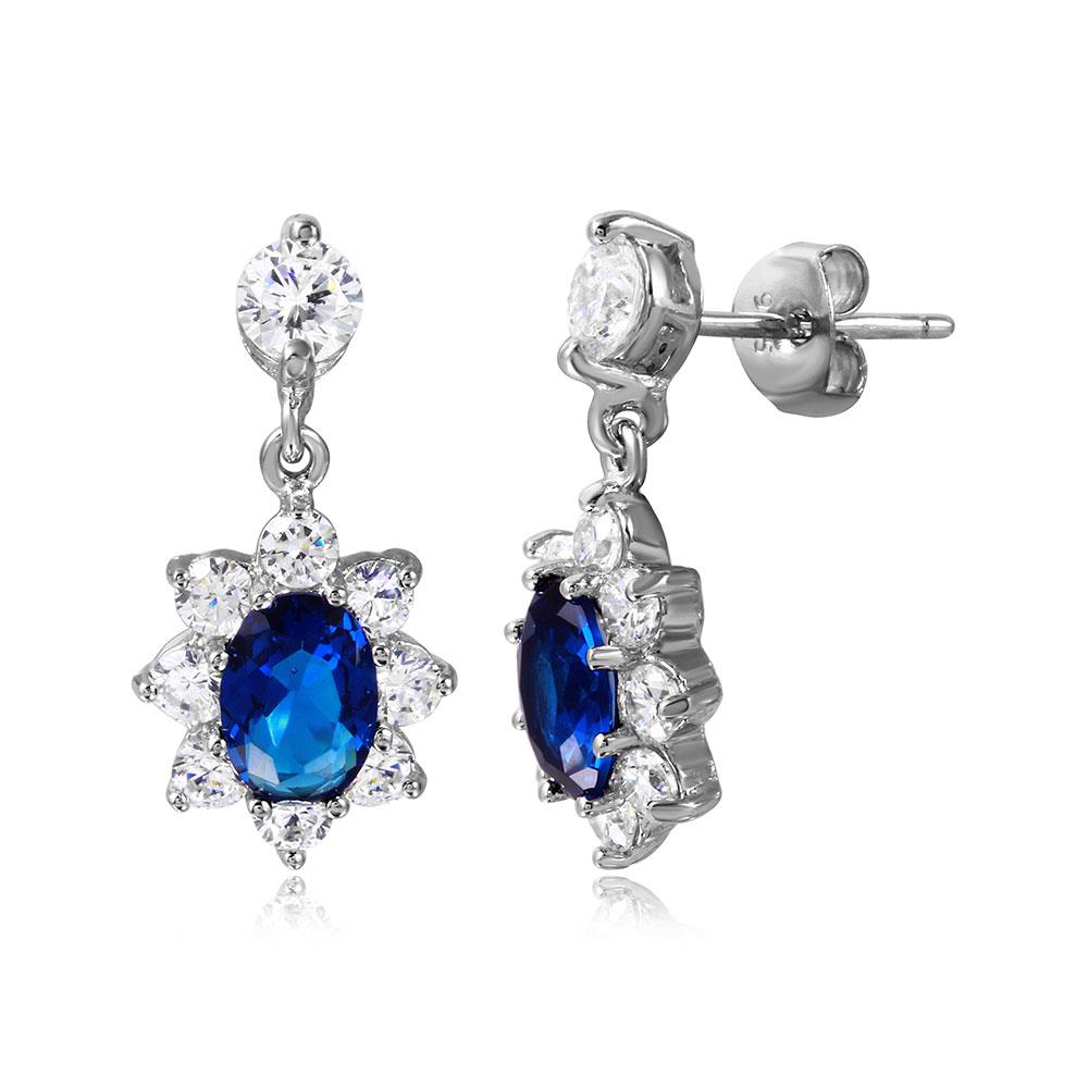 PARIKHS Rhodium Plated 2 Toned Clear And Blue CZ Hanging Earring in 925 Sterling Silver