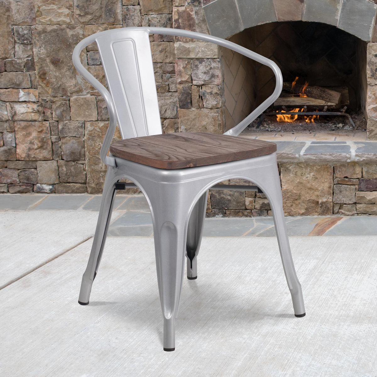 Flash Furniture Silver Metal Chair with Wood Seat and Arms - Restaurant Furniture