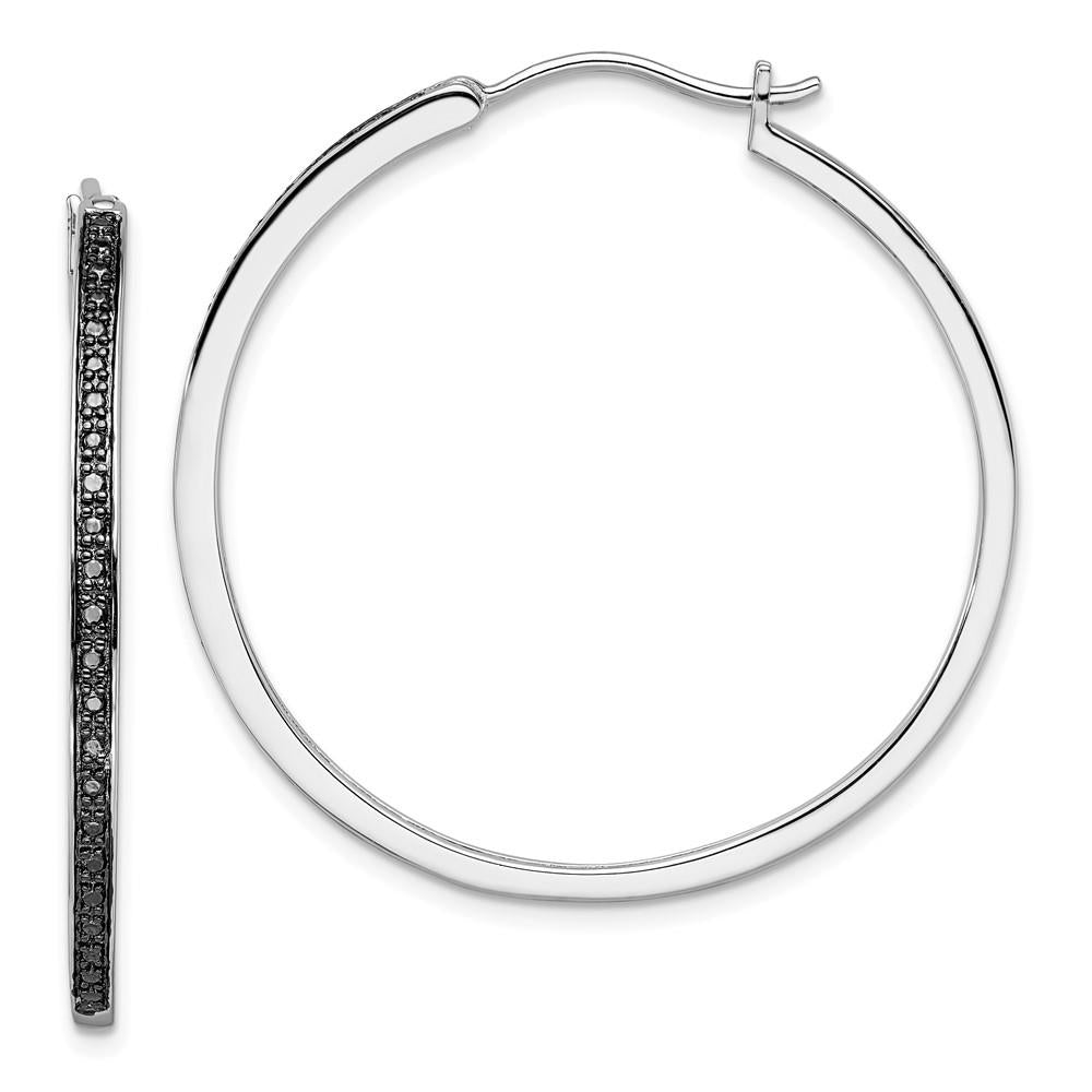Distinctive SS Rhodium Plated White Night Black Diamond Hoop Earrings