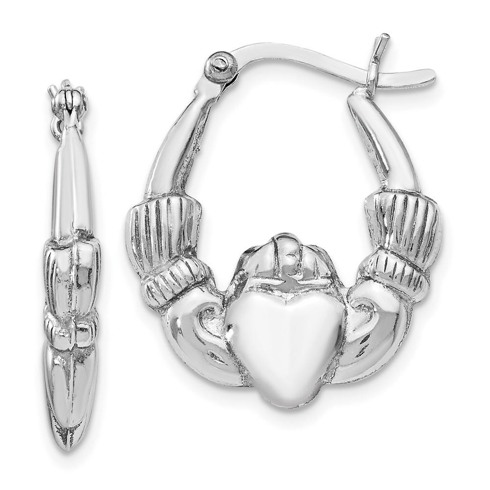 Distinctive Sterling Silver Rhodium-Plated Polished Claddagh Earrings