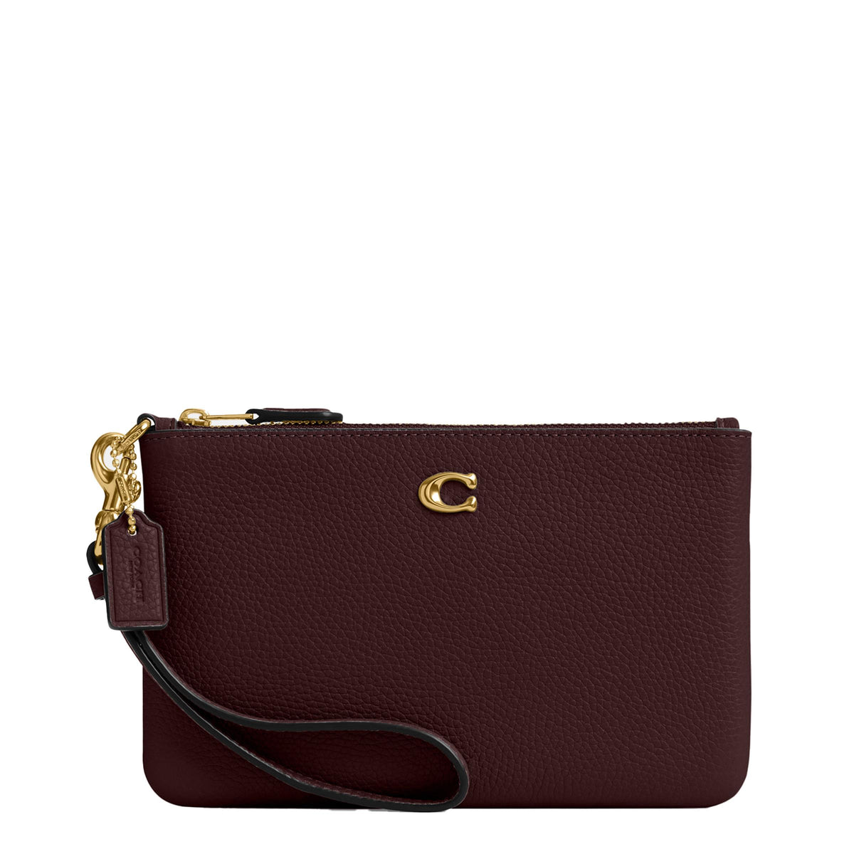 COACH Polished Pebble Leather Essential Small Wristlet - Merlot/Brass