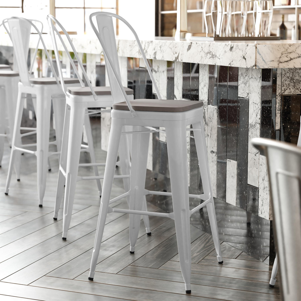 Flash Furniture All-Weather Commercial Bar Stool with Removable Back/Poly Seat-White/Gray