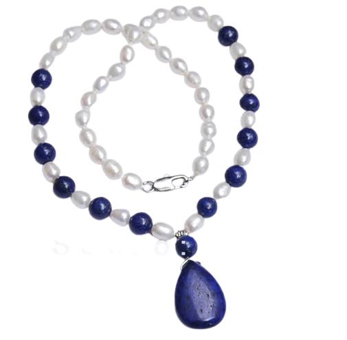 Completely Bella Latonia Cabella Freshwater Pearl Necklace with Lapiz Lazuli