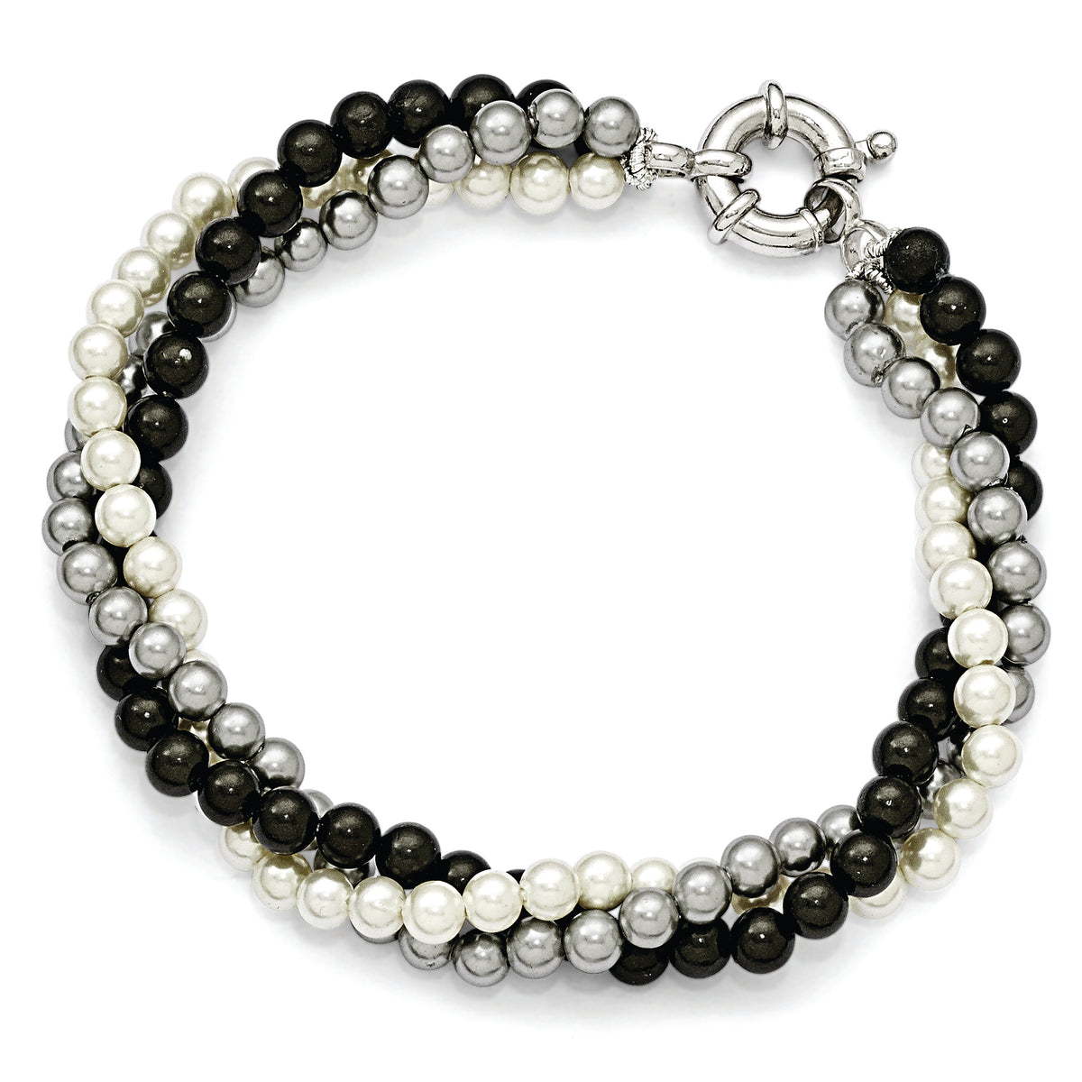 Distinctive Sterling Silver Majestik 3 Row 4-5mm White/Grey/Black Shell Bead Bracelet