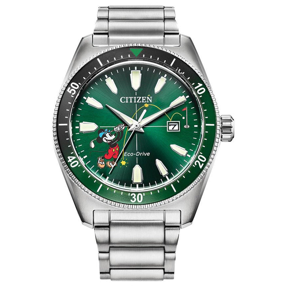 Disney by Citizen Men's Tee Time Mickey Eco-Drive Silver-Tone Stainless Steel Watch Green Dial
