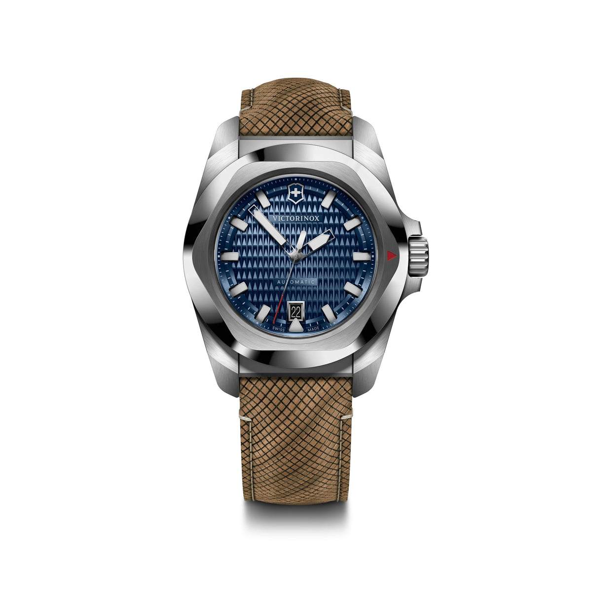 Victorinox Swiss Army I.N.O.X. Auto 41mm, silver stainless steel case and bezel, blue dial, brown structured strap