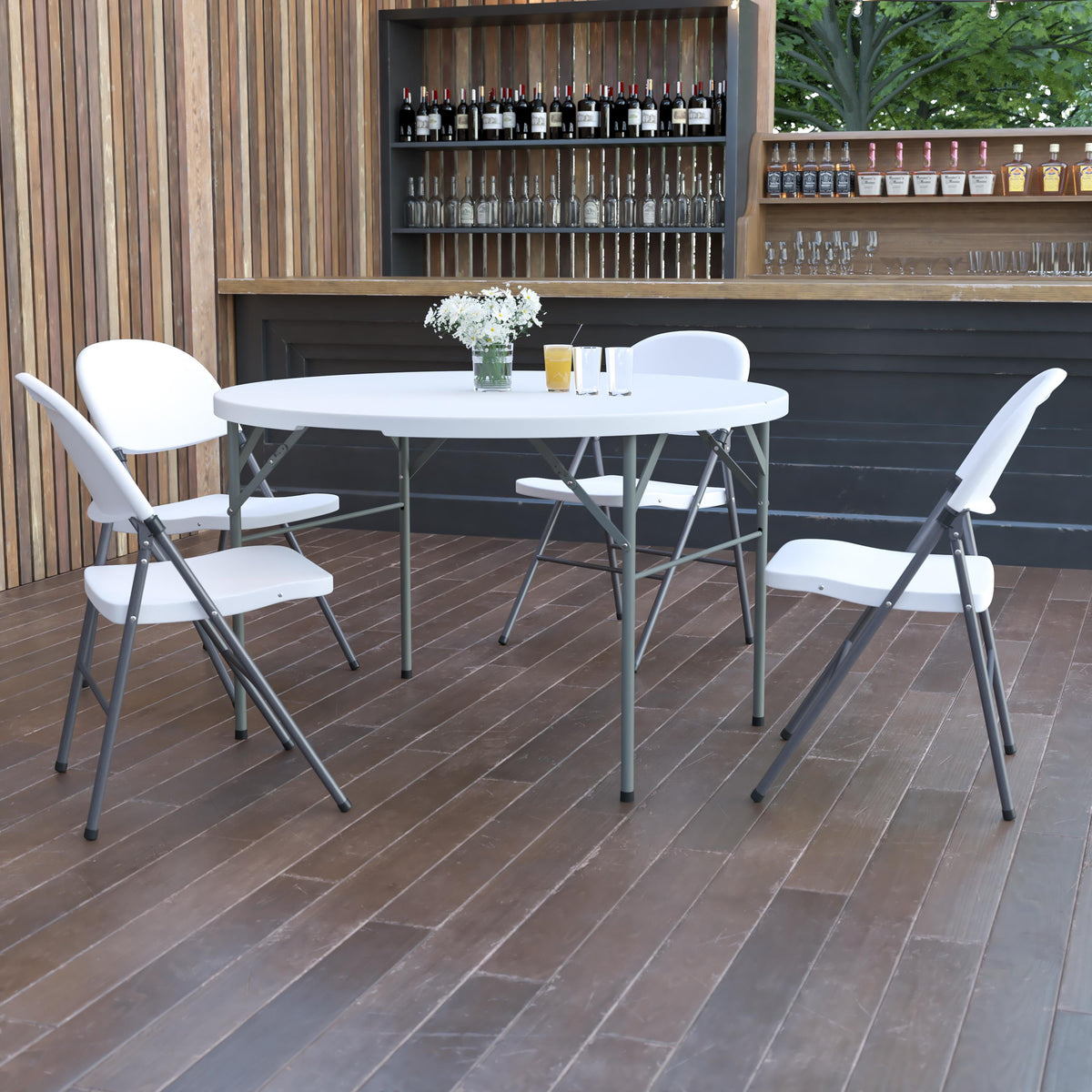 Flash Furniture 4-Foot Round Bi-Fold Granite White Plastic Event Folding Table with Handle