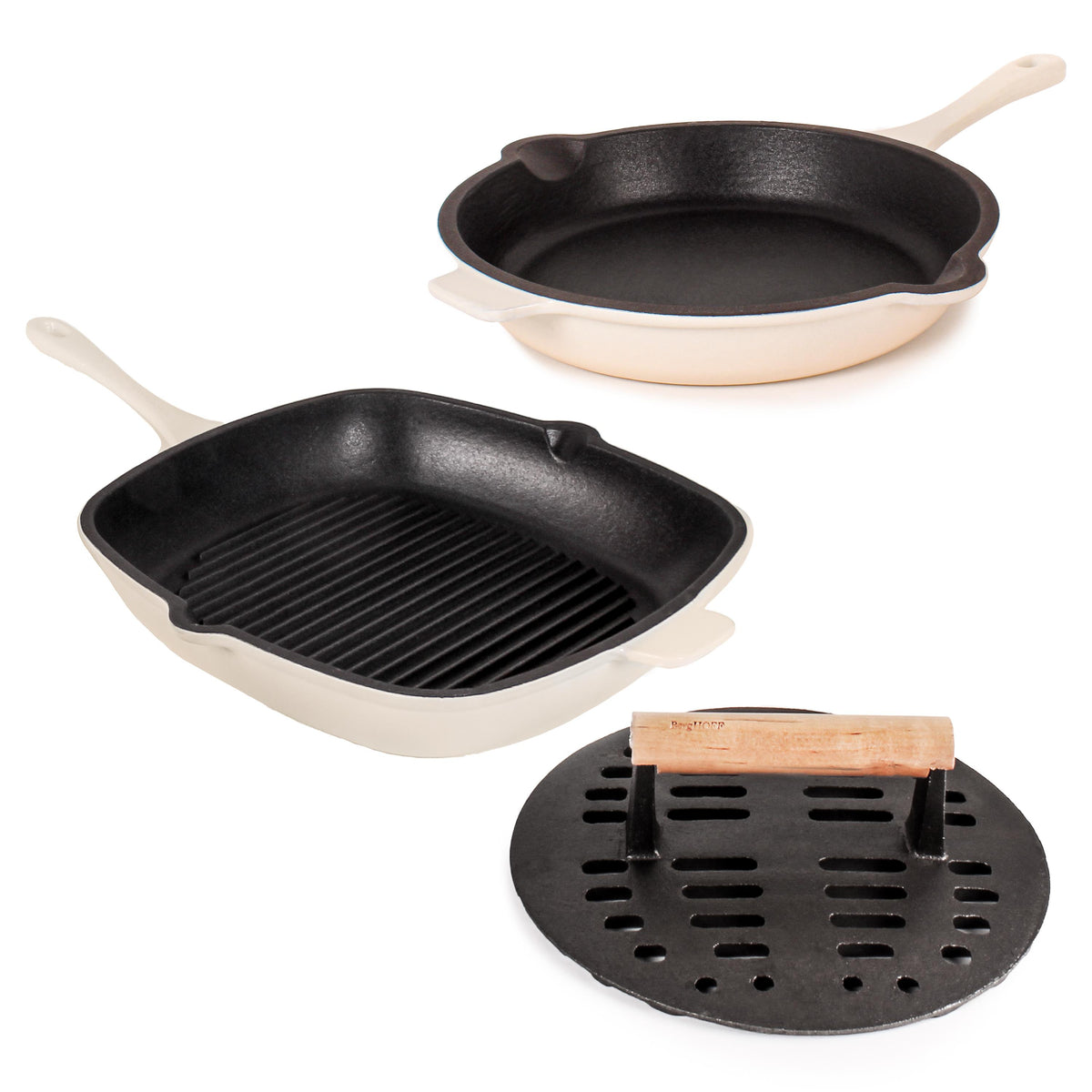 BergHOFF Neo 3pc Enamel on Cast Iron Cookware Set: 10" Fry Pan, Grill Pan and Slotted Steak Press, Meringue