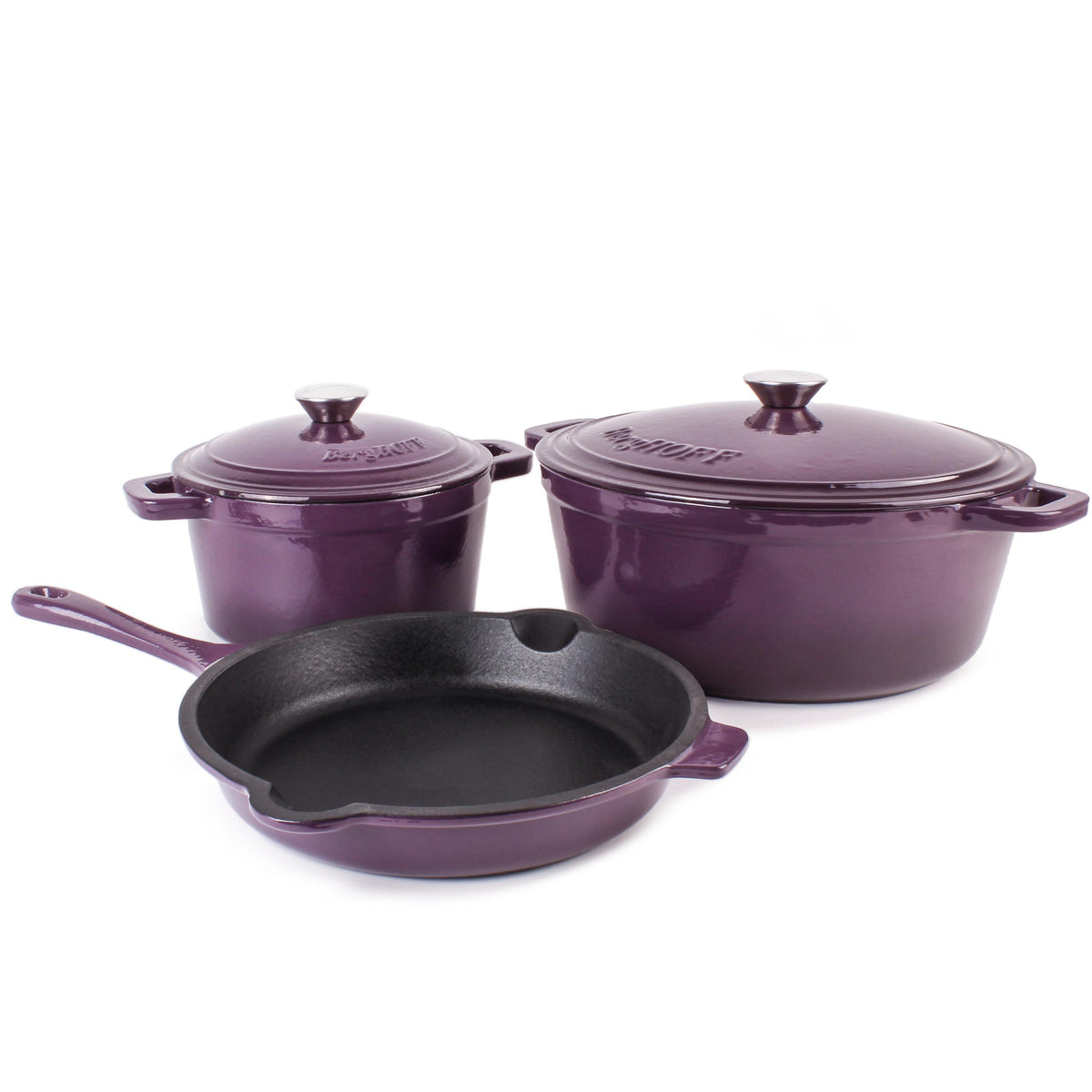 BergHOFF Neo 5pc Cast Iron Dutch Oven Set with 10" Fry Pan, 3qt. & 5qt., Purple