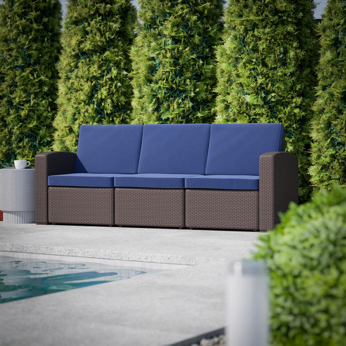 Flash Furniture Chocolate Brown Faux Rattan Sofa with All-Weather Beige Cushions
