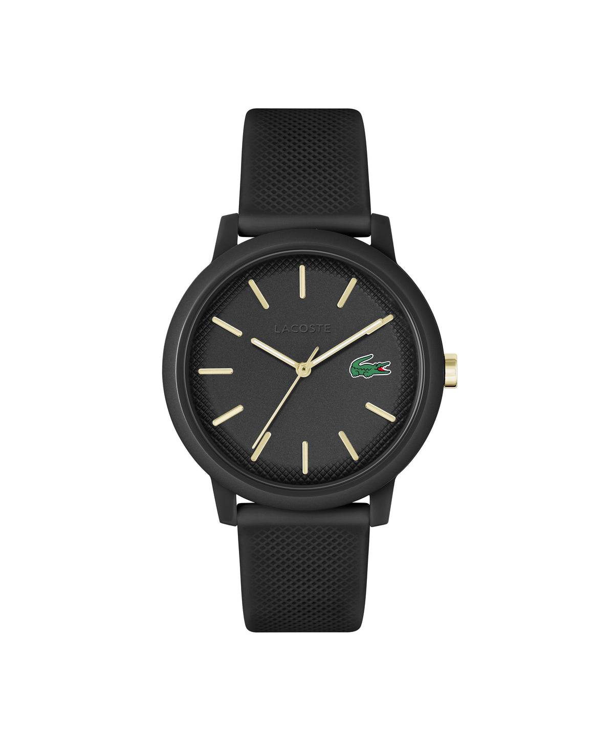 Lacoste 12,12 Gents. Black TR90 Case. Black Dial. Black Silicone Strap.