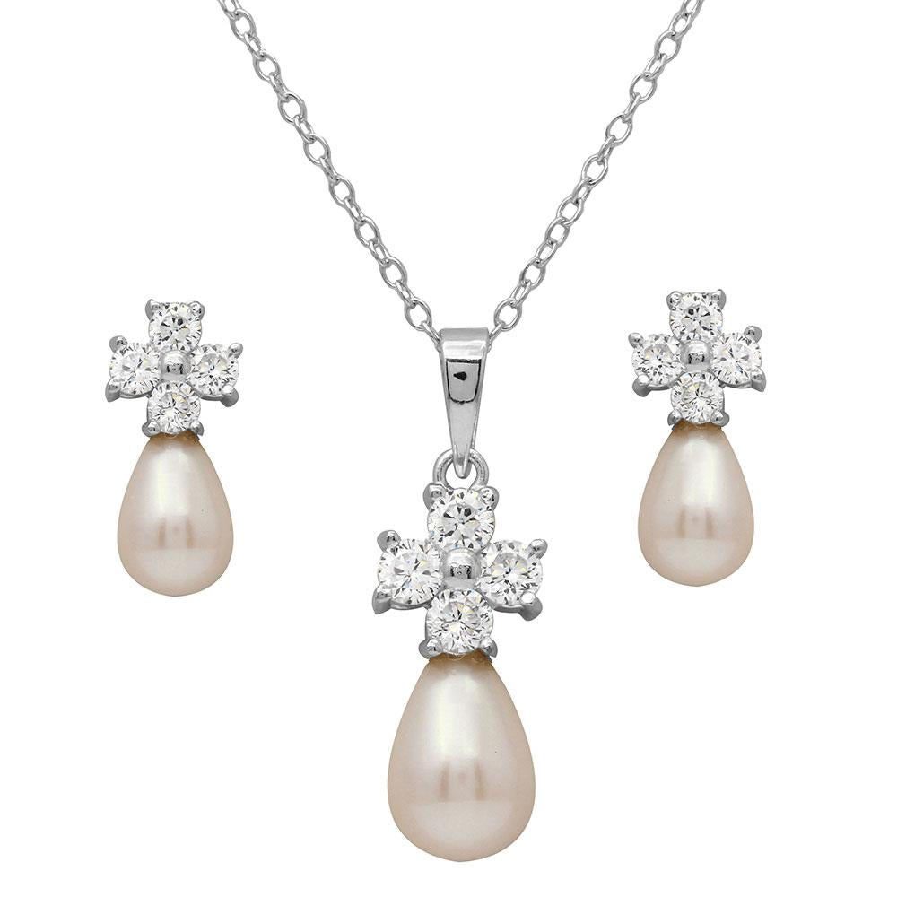 PARIKHS Rhodium Plated CZ Cross with Fresh Water Pearl Necklace-Earring Set in 925 Sterling Silver