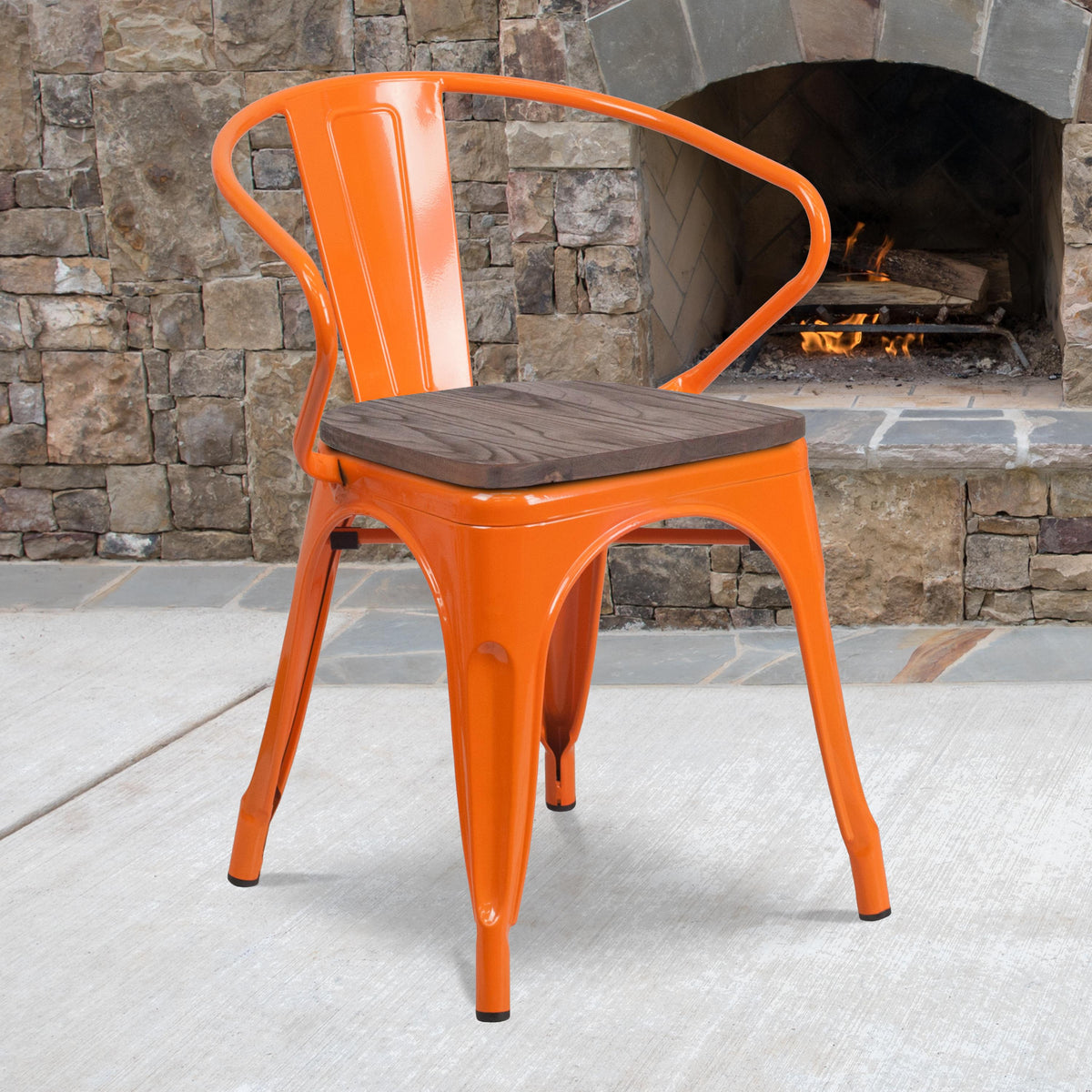 Flash Furniture Orange Metal Chair with Wood Seat and Arms - Restaurant Furniture