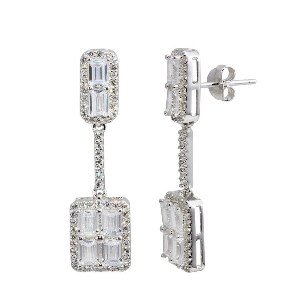 PARIKHS Rhodium Plated Dangling Bar and Square Earring with CZ in 925 Sterling Silver