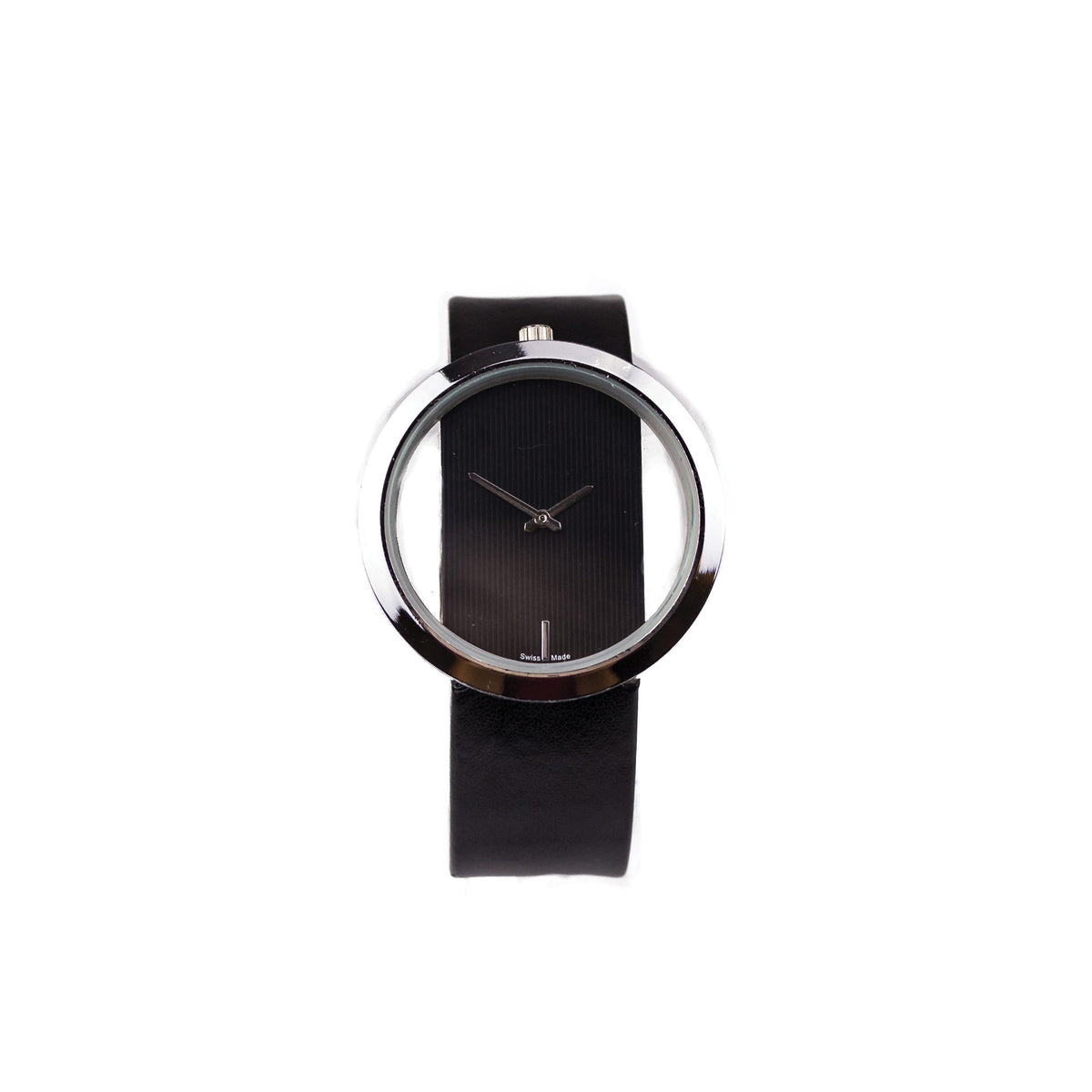 Completely Bella Ladies' Stainless Steel and Black Leather See Through Fashion Watch