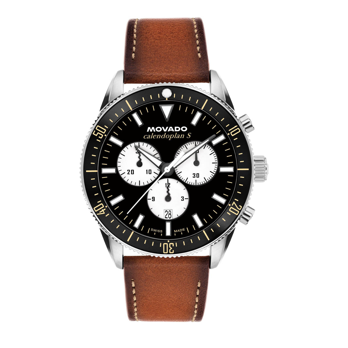Movado Heritage Gents. Stainless Steel Case. Cognac Leather Strap. Black Chronograph Dial