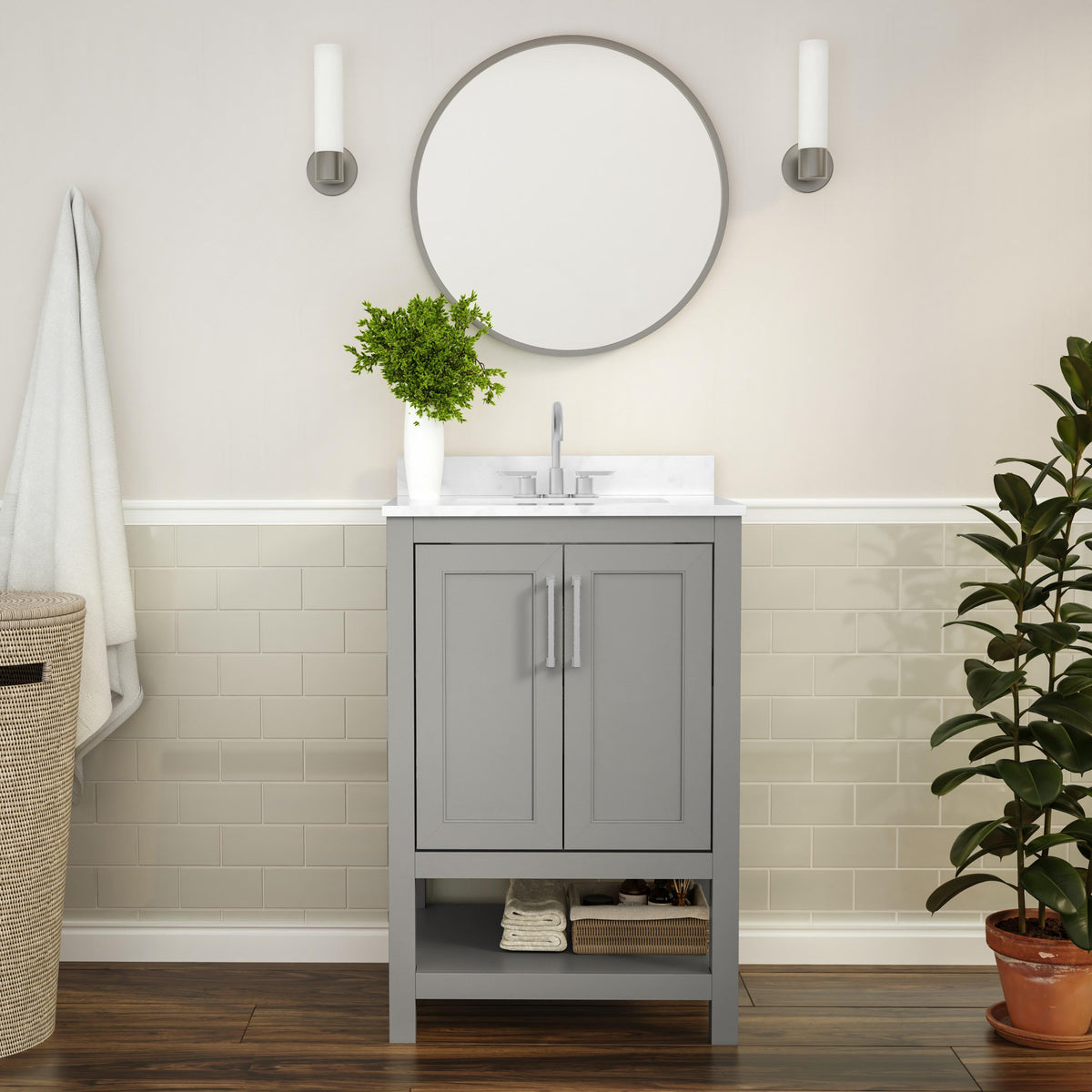 Flash Furniture 24 Inch Bathroom Vanity with Undermount Sink and Open Storage Shelf in Brown