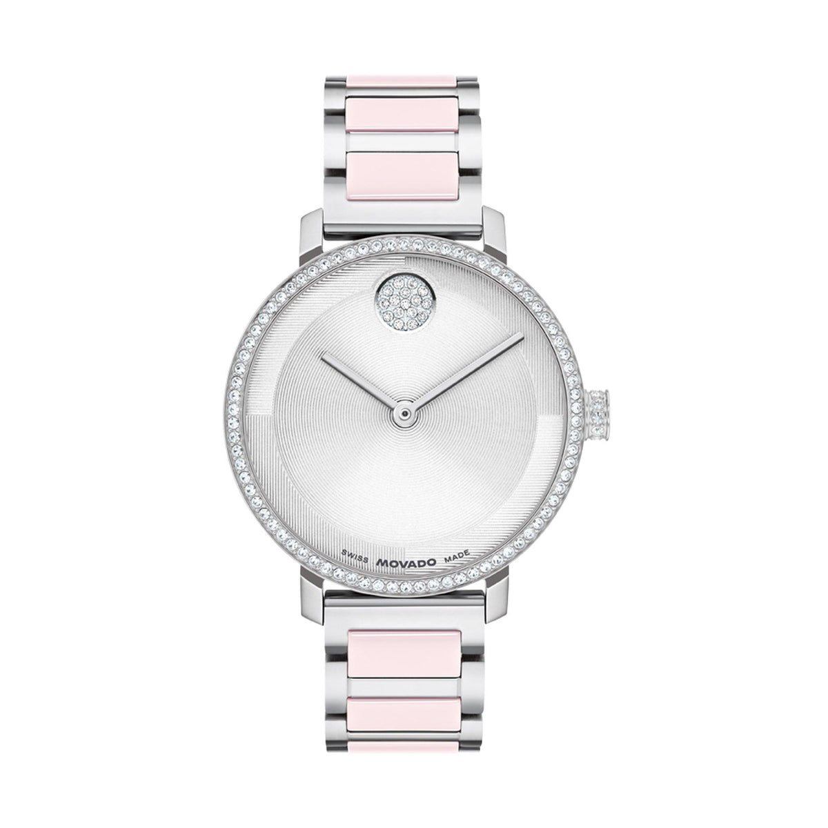 Movado Ladies Bold Evolution 2.0 Silver-Tone SS & Blush Ceramic Watch Silver Dial