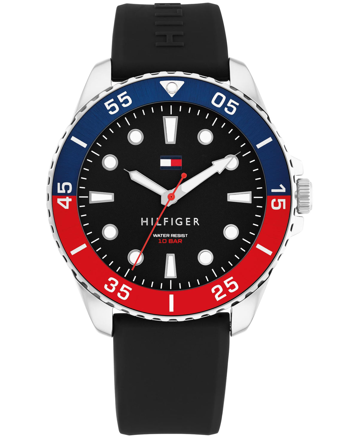 Tommy Hilfiger Gents. Stainless Steel Case. Aluminum Bezel. Black Silicone Strap. Black Dial