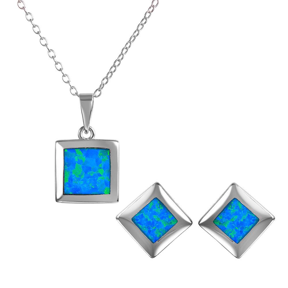 PARIKHS Square Blue Synthetic Opal Necklace-Earring Set in 925 Sterling Silver