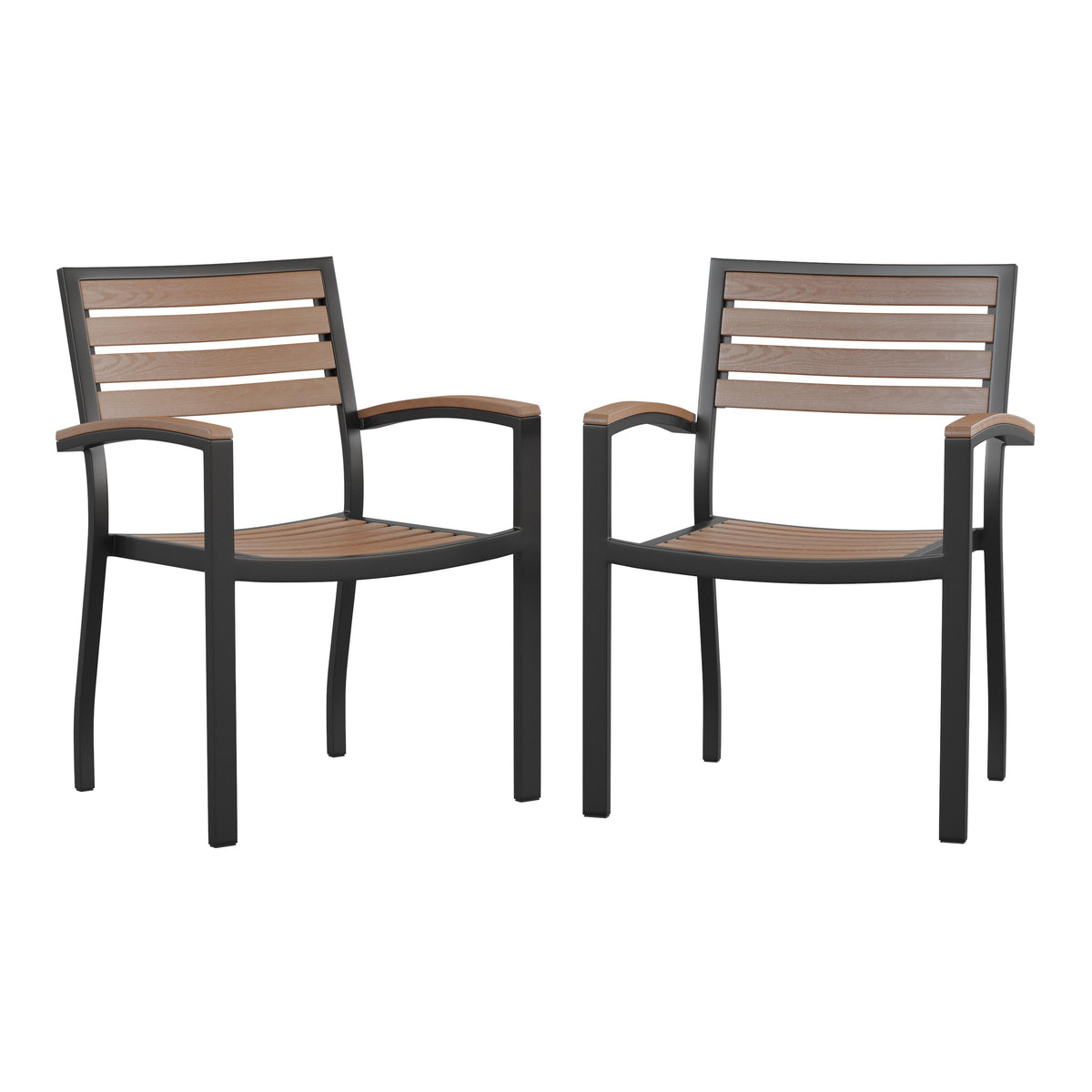 Flash Furniture 2 Pack All-Weather Black Aluminum Patio Stack Chairs - Gray Wash Faux Teak Slats
