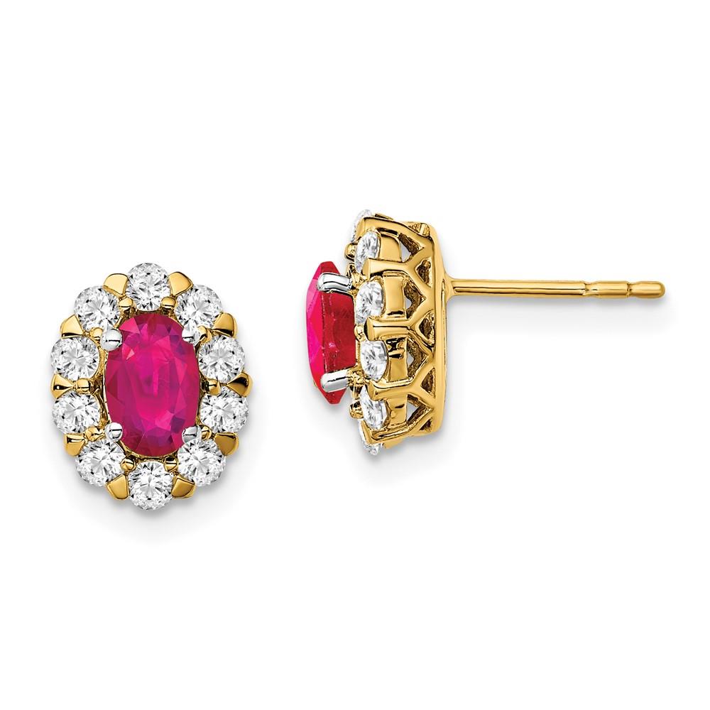 Distinctive 14K Lab Grown Diamond and Oval Created Ruby Fashion Earrings