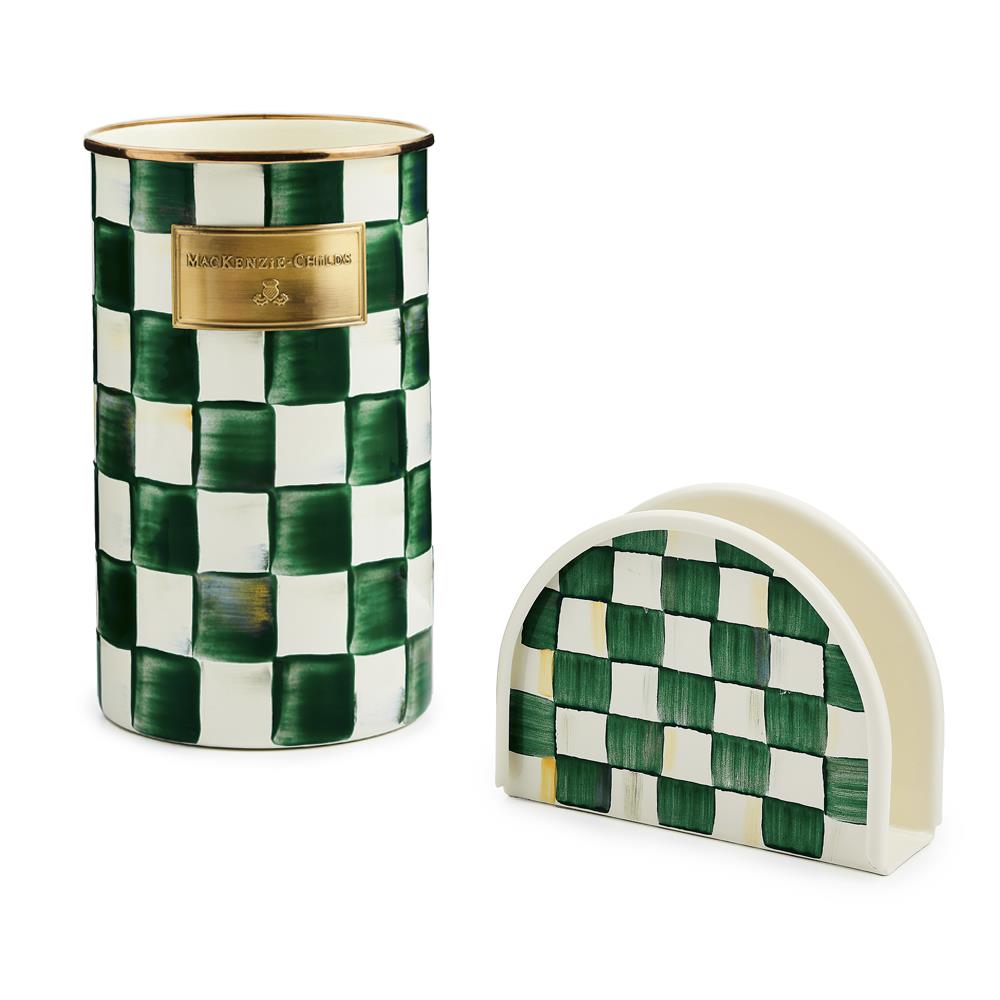 MacKenzie Childs Emerald Check Utensil & Napkin Holder