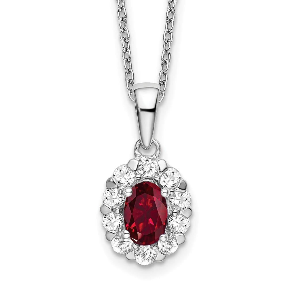 Distinctive 14K White Gold Lab Grown Diamond & Created Oval Ruby Pendant Necklace