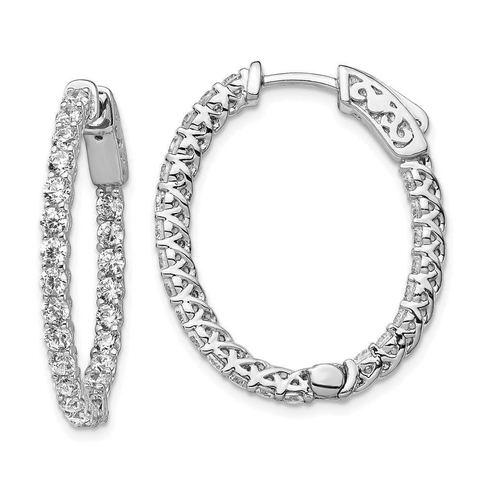 Distinctive Sterling Silver Rhodium-plated CZ In and Out Oval Hoop Earrings