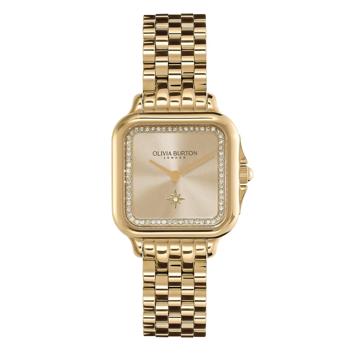 Olivia Burton Grosvenor. Gold Plated case & link bracelet. Gold dial with North Star & crystals