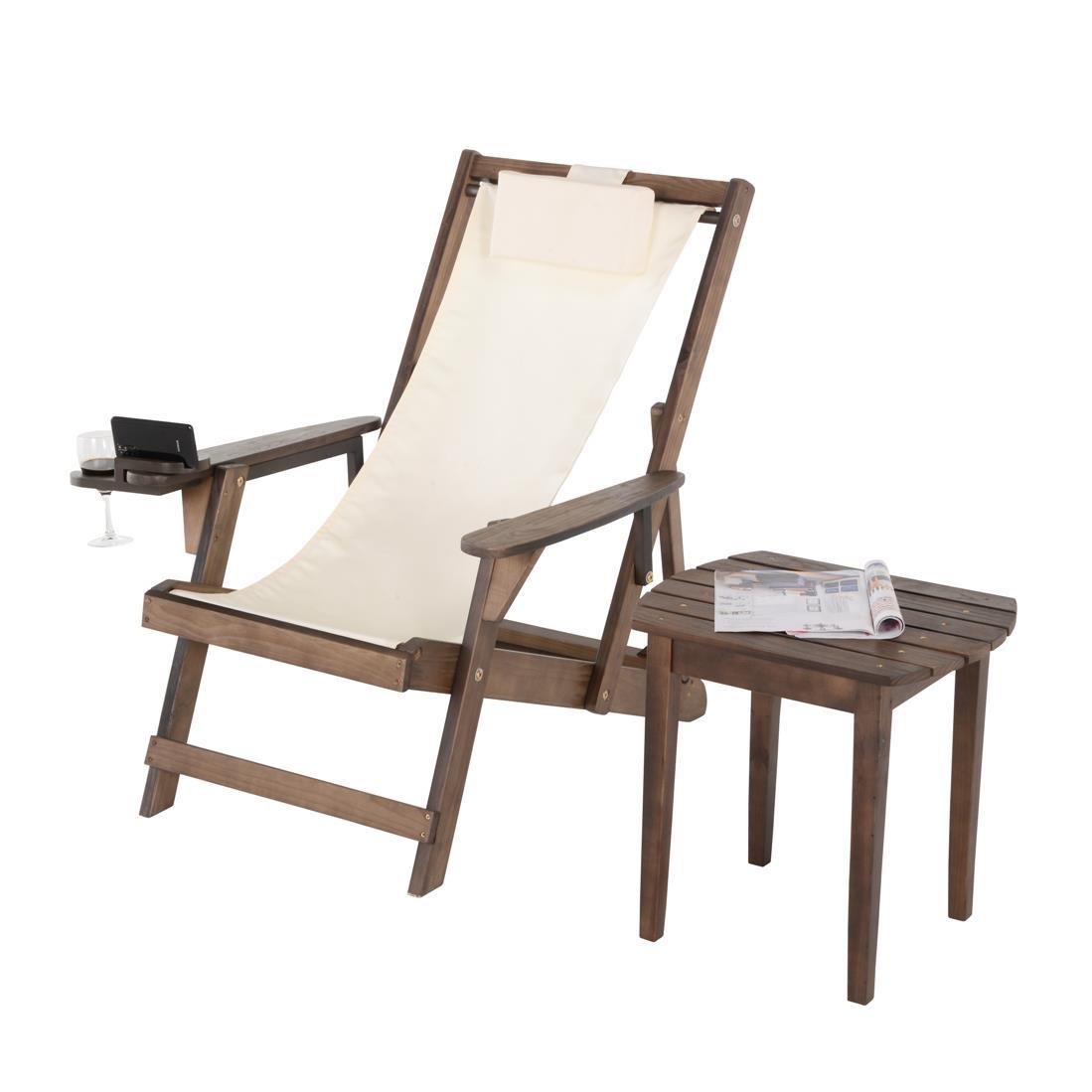 Romantic Collection - Canvas Sling Chair w/Beverage Holder & End Table - Dark Brown, Beige