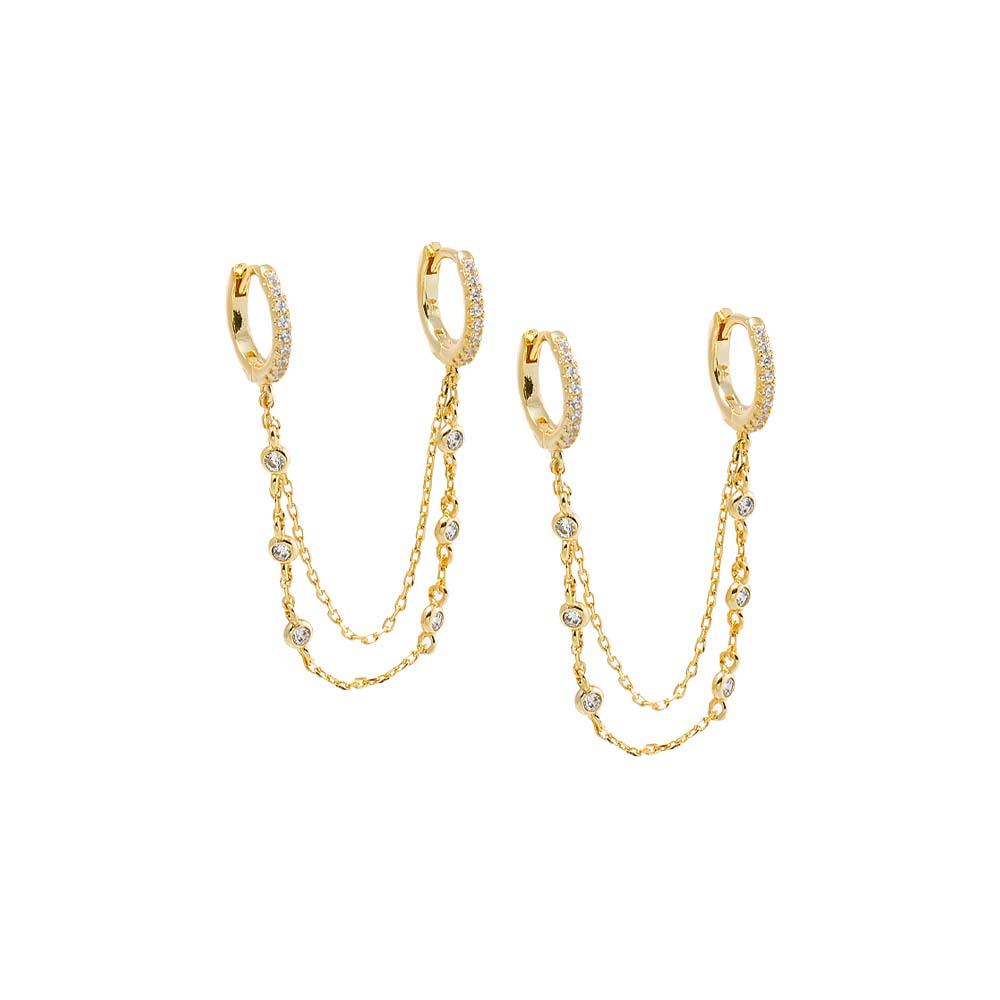 Adina Eden CZ Bezel Double Chain Huggie Earring