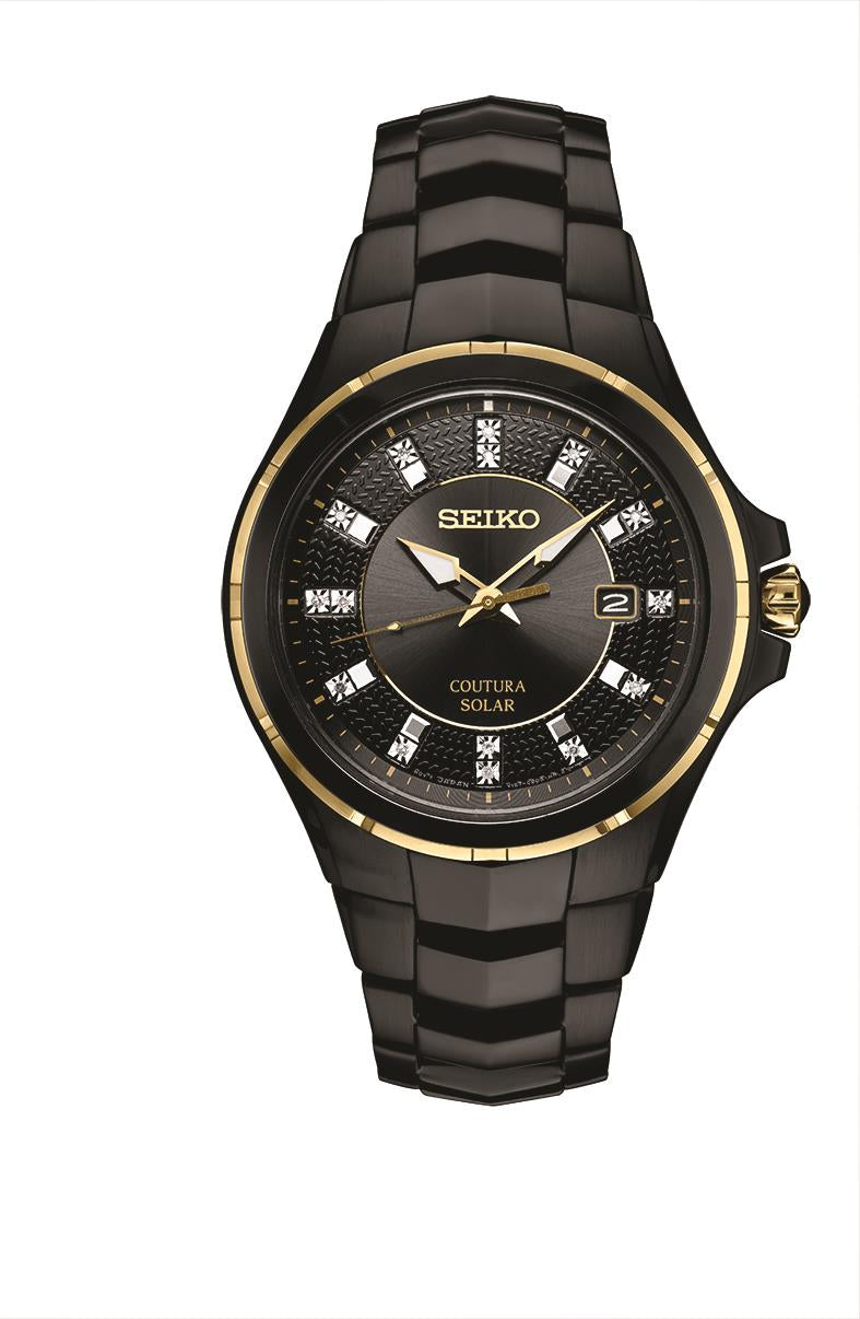 Seiko Mens Solar Black Case Black Dial with Diamonds, Black Bracelet