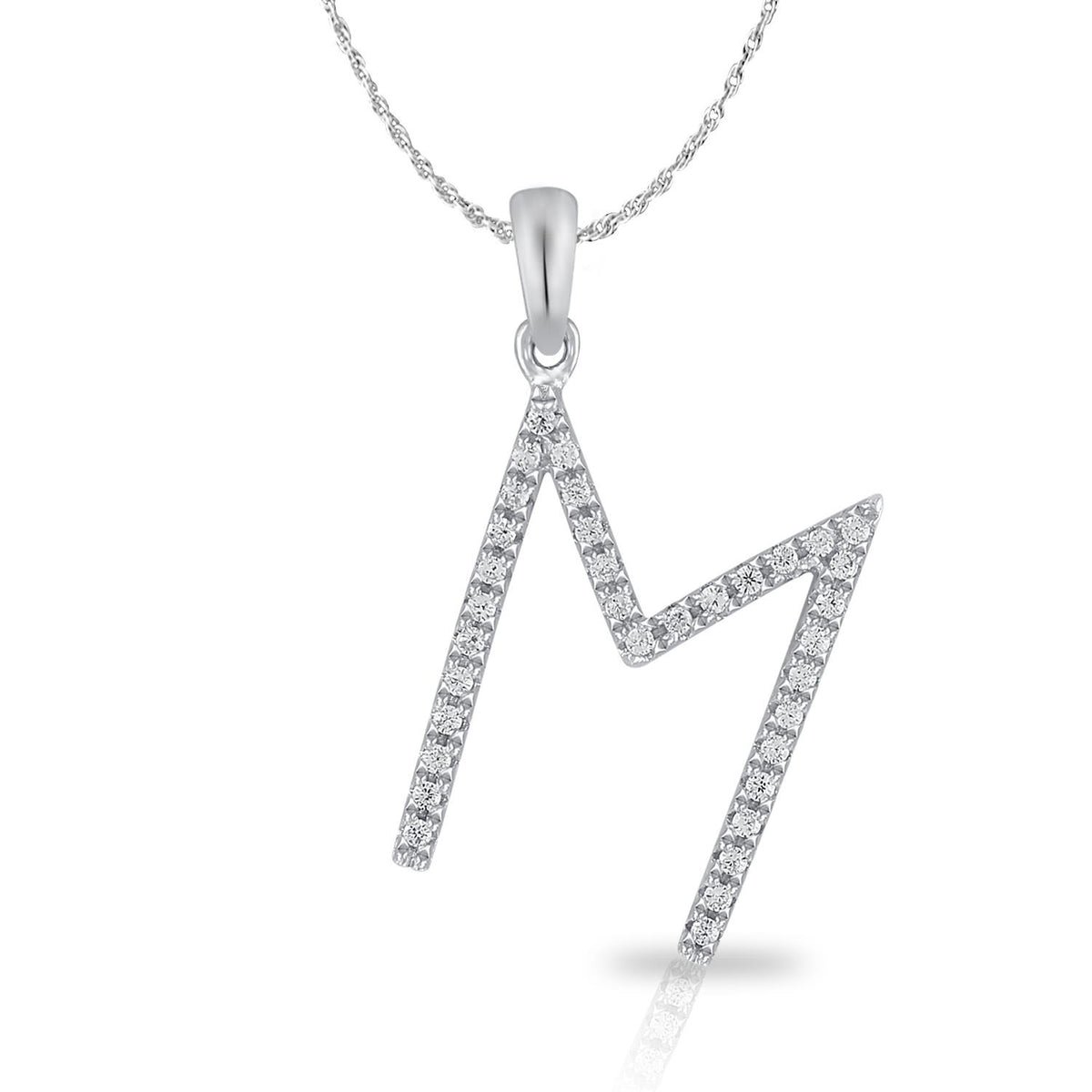 PARIKHS Diamond Initial Pendant Alphabet 'M' in 10K White Gold 0.10 ct , IJK color - I3 clarity