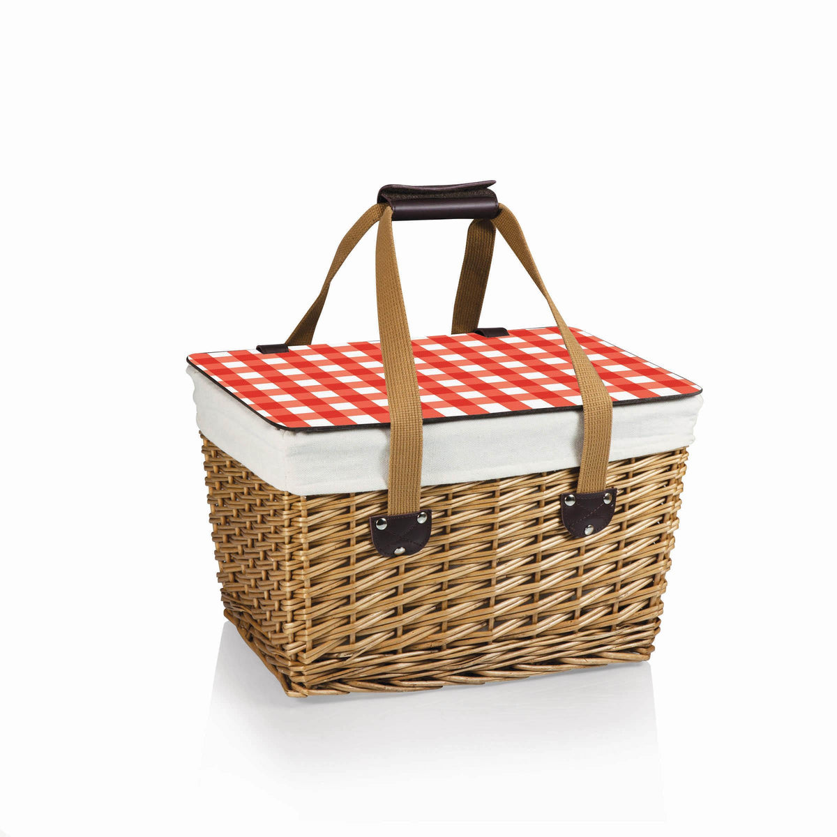 Picnic Time Canasta Basket - Beige Canvas with Red & White Gingham Pattern Lid