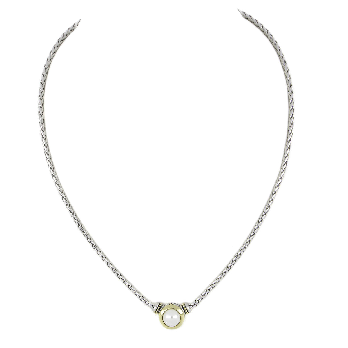 John Medeiros Perola White Seashell Pearl Necklace. Length: 16"-18" adjustable. Center Motif: 8mm, 3/4"W x 1/2"H.