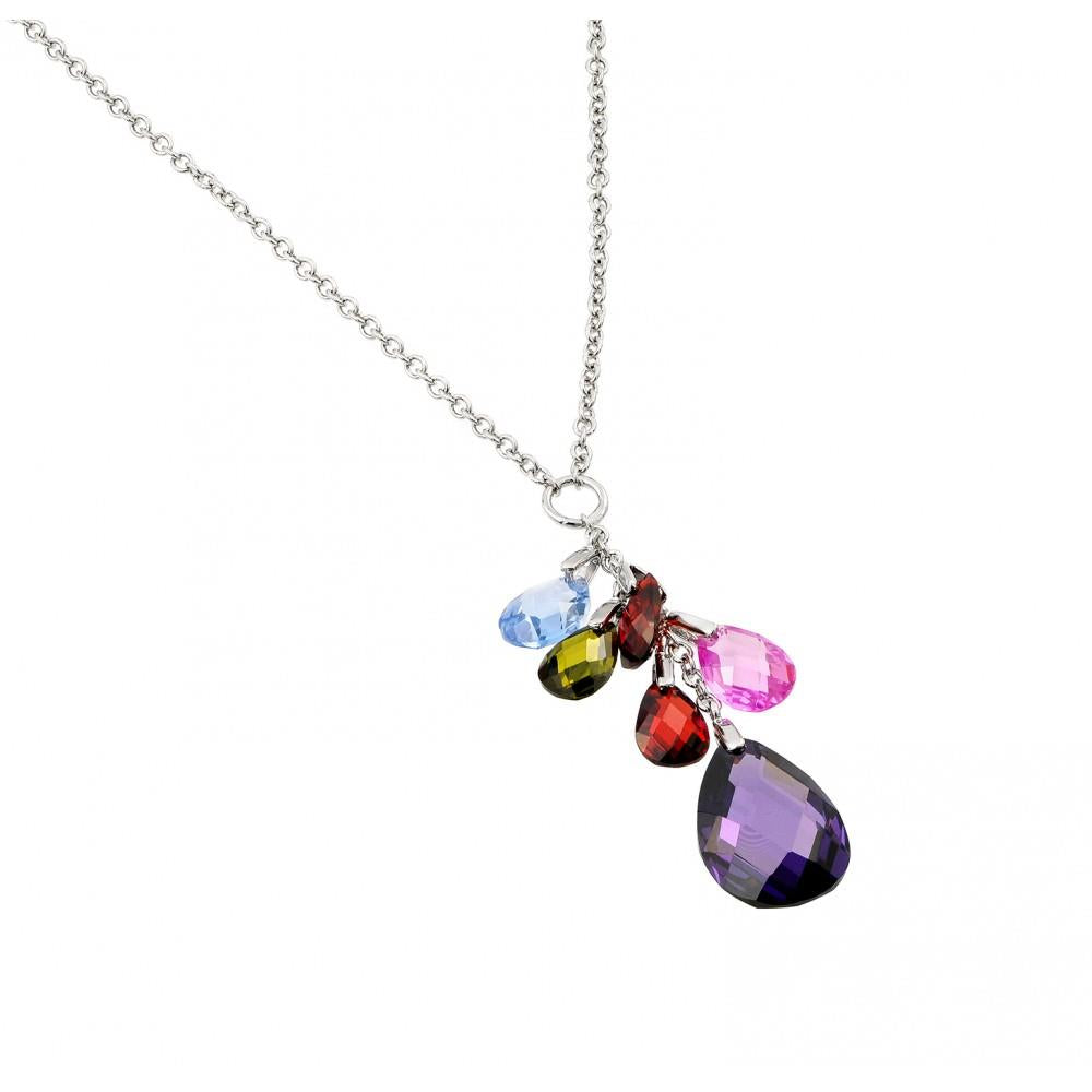 PARIKHS Rhodium Plated Clear CZ Multi Color Pear Shaped Pendant Necklace in 925 Sterling Silver