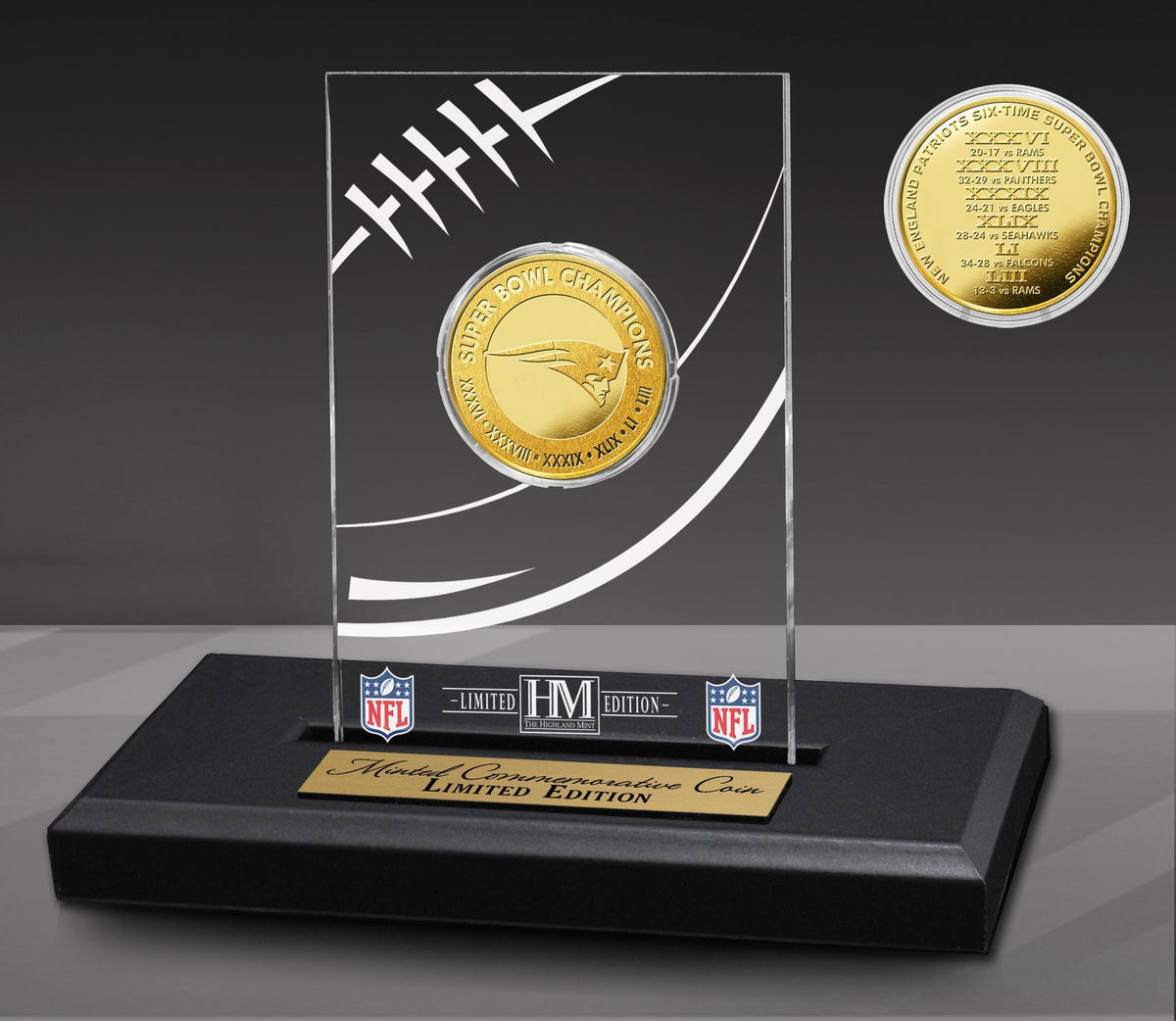Highland Mint New England Patriots 6X SB Champions Gold Coin Acrylic