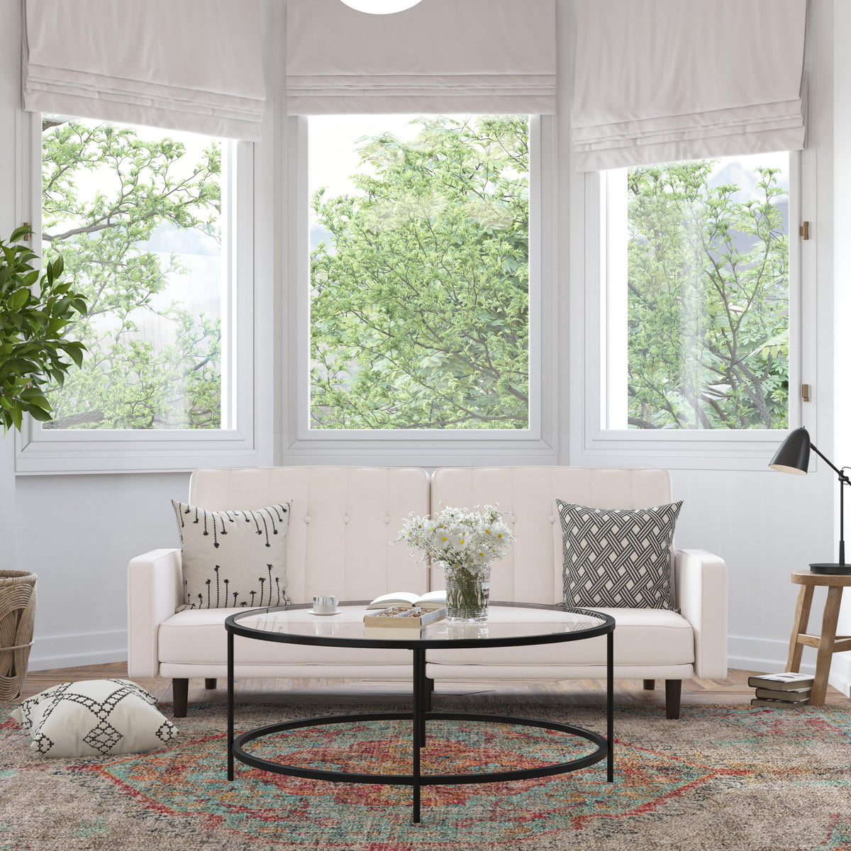 Flash Furniture Convertible Split Back Tufted Futon Sofa with Wooden Legs in Stone Faux Linen