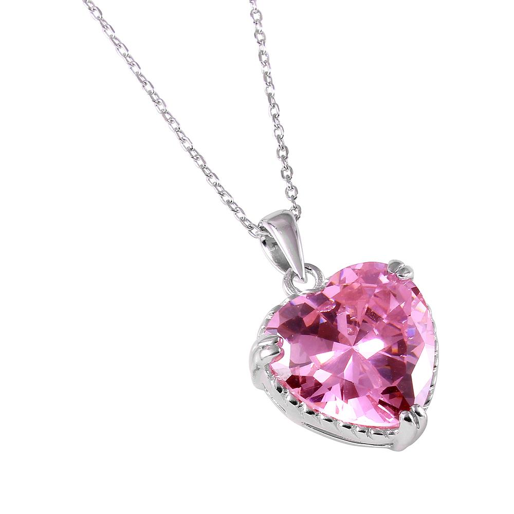 PARIKHS Rhodium Plated Pink Heart CZ Rope Necklace in 925 Sterling Silver
