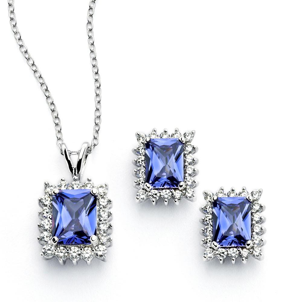 PARIKHS Rhodium Plated Clear Cluster Blue Rectangle CZ Necklace-Earring Set in 925 Sterling Silver