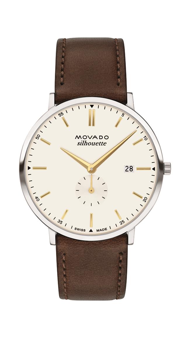 Movado Heritage Gents. Stainless Steel Case. Chocolate Leather Strap. Ivory Dial with sub dial.