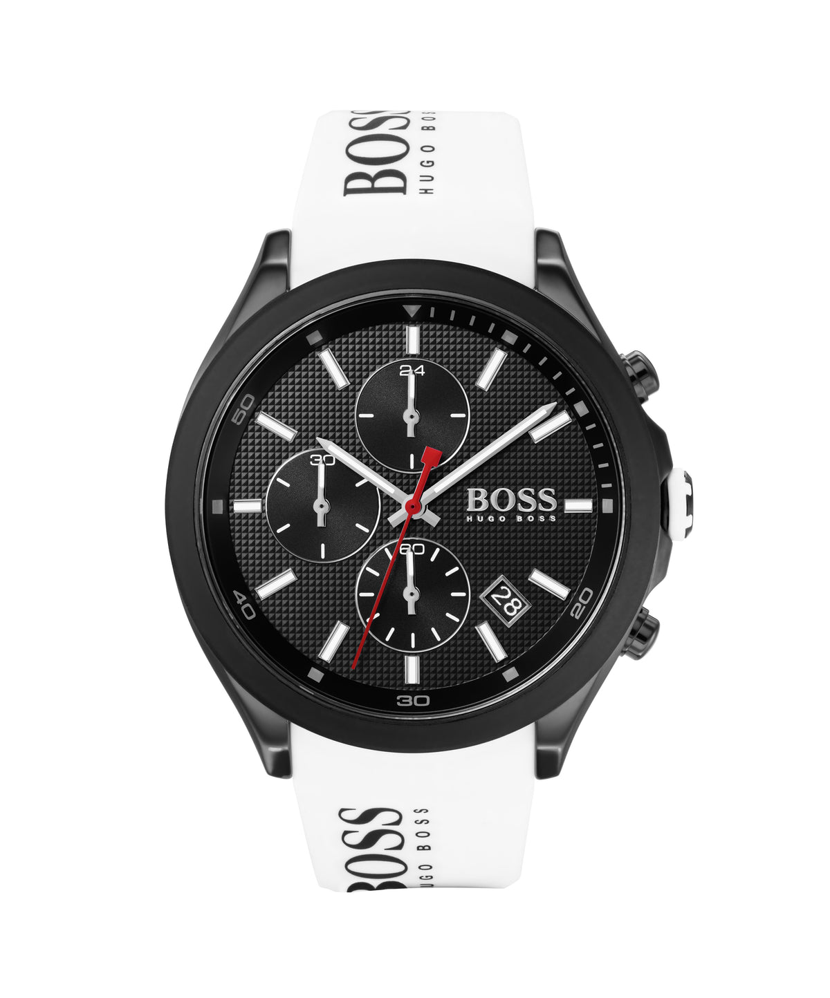 HUGO BOSS Boss Velocity Gents. IP Black Steel Case. Black Dial. White Silicone Strap