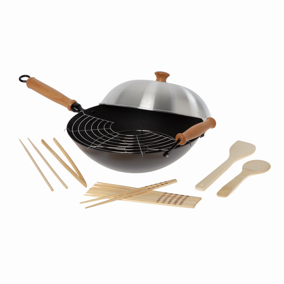 KitchenSupply Joyce Chen - Professional Series 14-Inch Carbon Steel Excalibur Nonstick Flat Wok Set, 10 Pieces