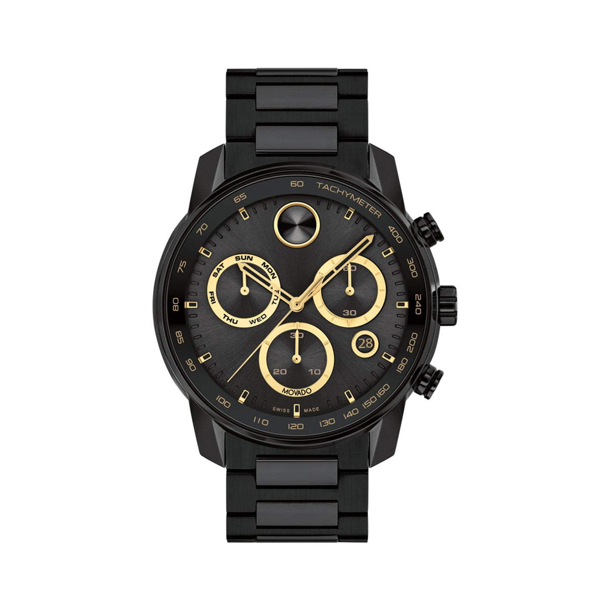 Movado Mens BOLD Verso Chronograph Black IP Stainless Steel Watch Black Dial