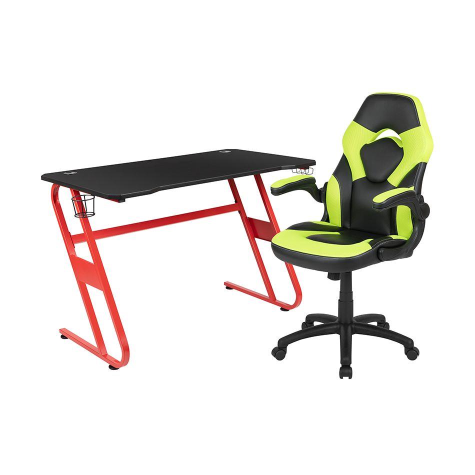 OSC Designs Red Gaming Desk and Green/Black X10 Series Gaming Chair Set
