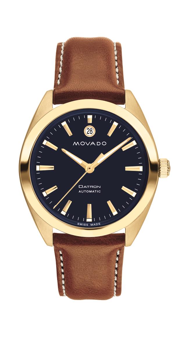 Movado Automatics Heritage Datron Automatic. Gold IP Steel Case. Cognac Leather Strap. Navy dial