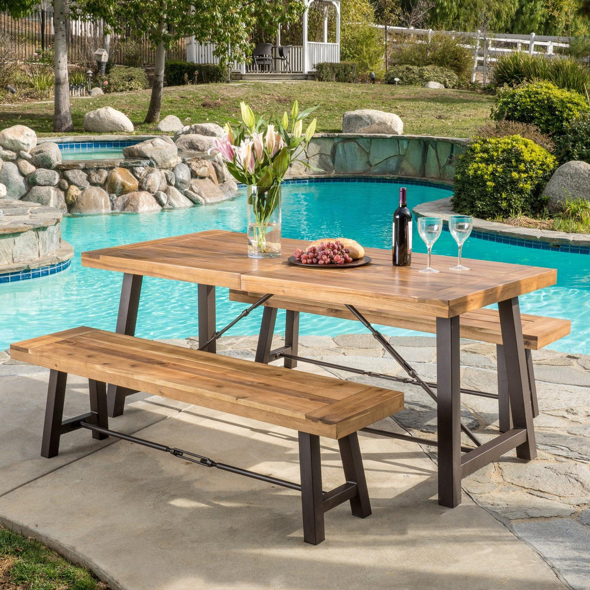 Stark Home Davidson Outdoor Wood 3Pc Picnic Dining Set